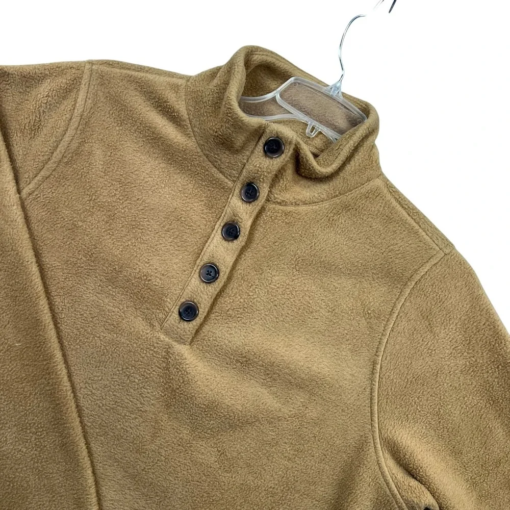 J.Crew Fleece Pullover Men Large Tan Button Mock Neck Pocket Sweater 1276
